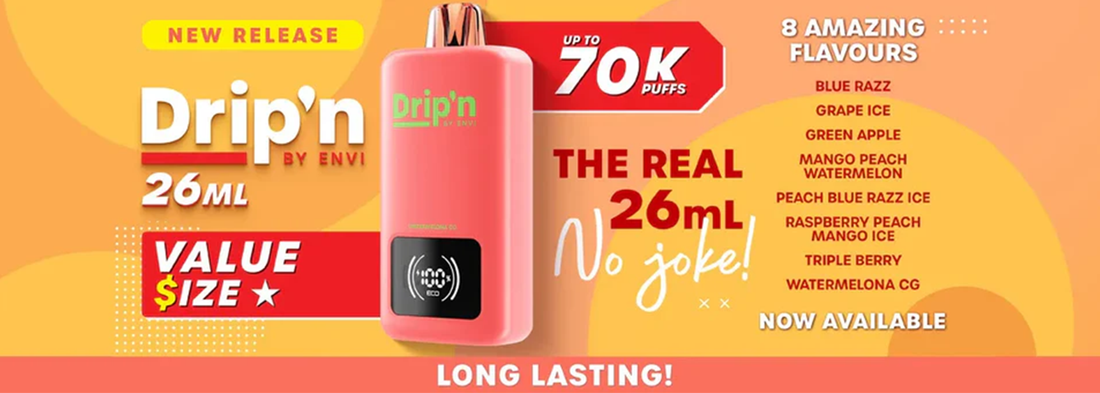 Drip'n by ENVI the 26 mL / 70K disposable vape Super Vape Drip'n by ENVI the 26 mL / 70K disposable vape Super Vape