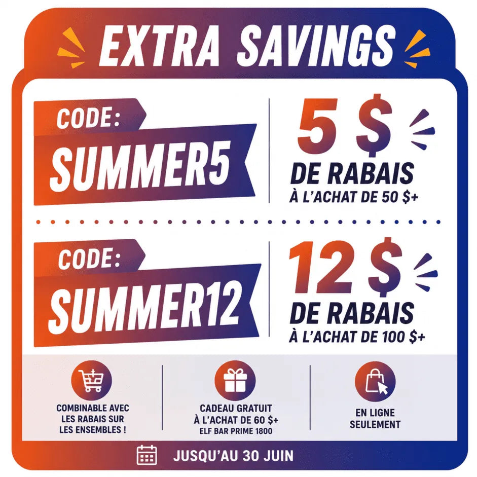 Bannière de la vente d’été Super Vape Store avec rabais supplémentaires, codes promo, cadeau gratuit et offres combinables.