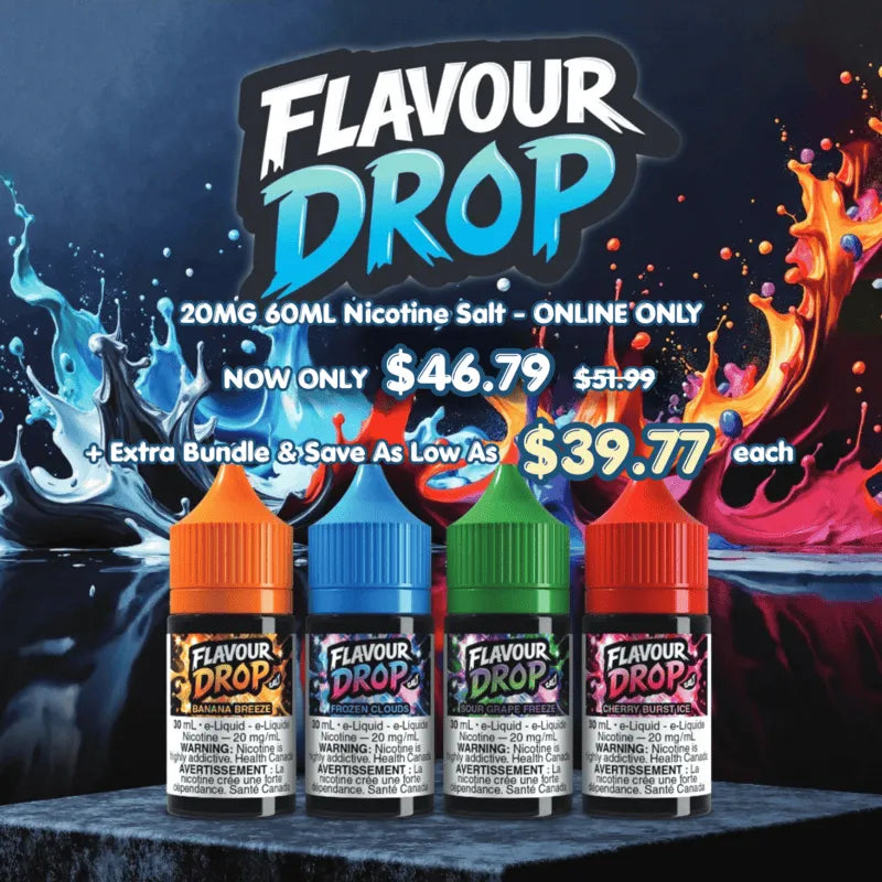Save on FLAVOUR DROP 20mg 60mL Nicotine Salt with sale pricing, bundle discounts, and 20 bold fruit flavours.