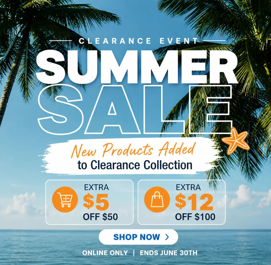 Summer Clearance Event banner featuring tropical beach scenery, new products added to clearance collection, extra $5 off $50 and extra $12 off $100 online vape sale at Super Vape Store Canada.