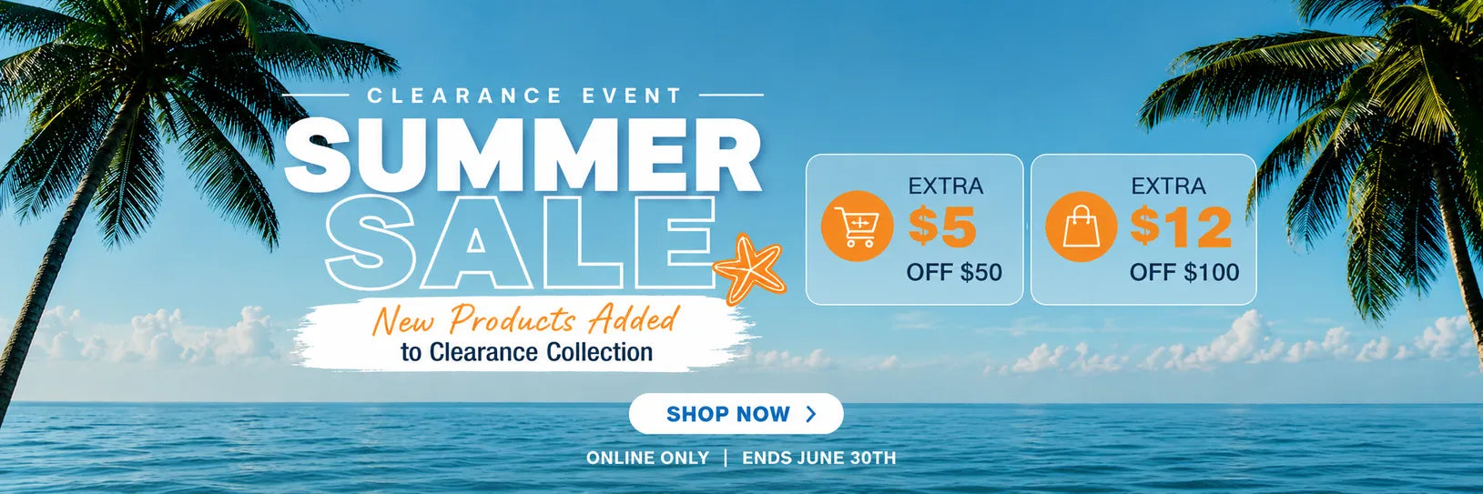 Summer Clearance Sale banner with tropical beach background, new products added to clearance collection, extra savings on selected vape products at Super Vape Store Canada.