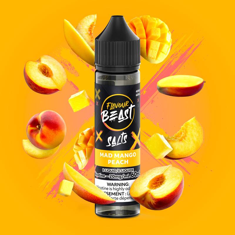Flavour Beast Mad Mango Peach vape juice bottle with mango and peach slices